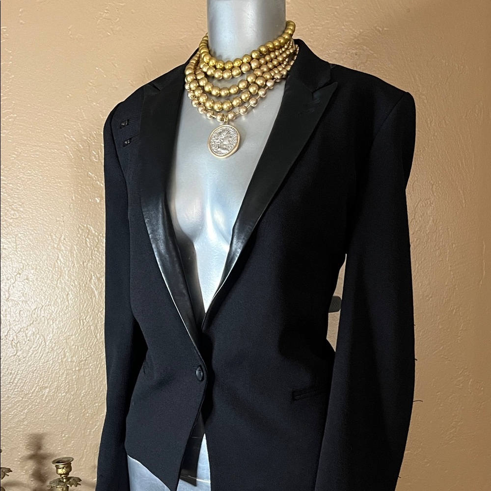 The Kooples Black Blazer with Sleek Leather Accents.  Sz 42 EUC - Picture 2 of 6